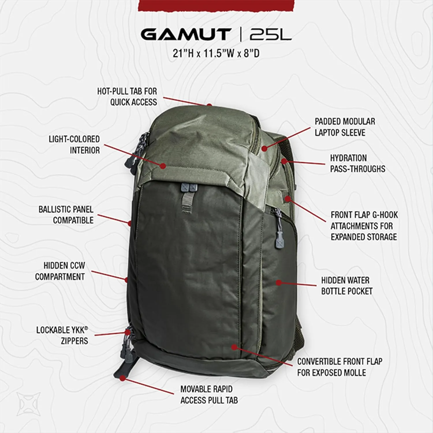 Vertx Gamut EDC Tactical Backpack 25L CCW Bag Tactical Gear, for Men and Women, Rudder Green