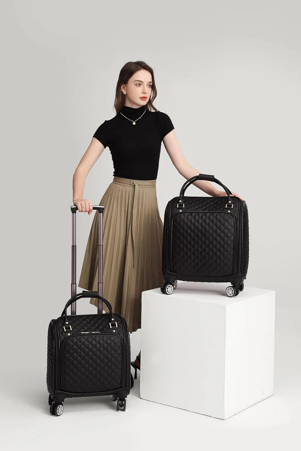 VH&GRED Luxury Carry on Luggage with Universal Wheels 16-Inch Lightweight Travel Small Suitcase Diamond Stitching Synthetic Leather Bag