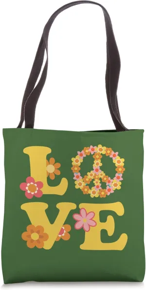 Vintage 70s Vibes Aesthetic / Retro Love and Peace Flowers Tote Bag