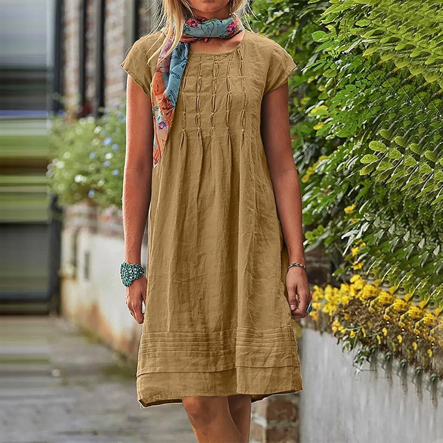 Vintage Summer Cotton Linen Dress for Women Casual Short Sleeve Ruched T Shirts Dress Loose Fit A-Line Beach Sundress