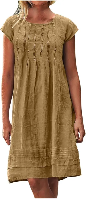 Vintage Summer Cotton Linen Dress for Women Casual Short Sleeve Ruched T Shirts Dress Loose Fit A-Line Beach Sundress