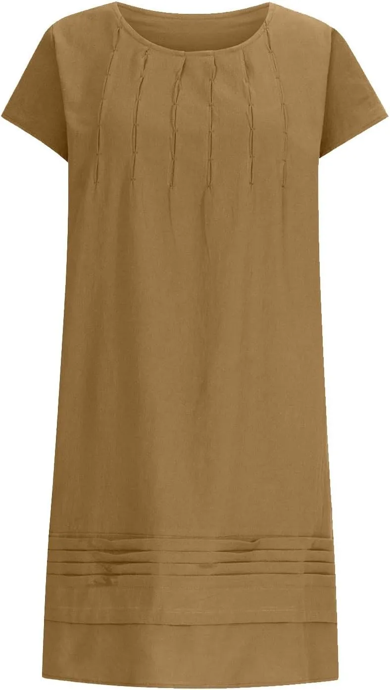 Vintage Summer Cotton Linen Dress for Women Casual Short Sleeve Ruched T Shirts Dress Loose Fit A-Line Beach Sundress
