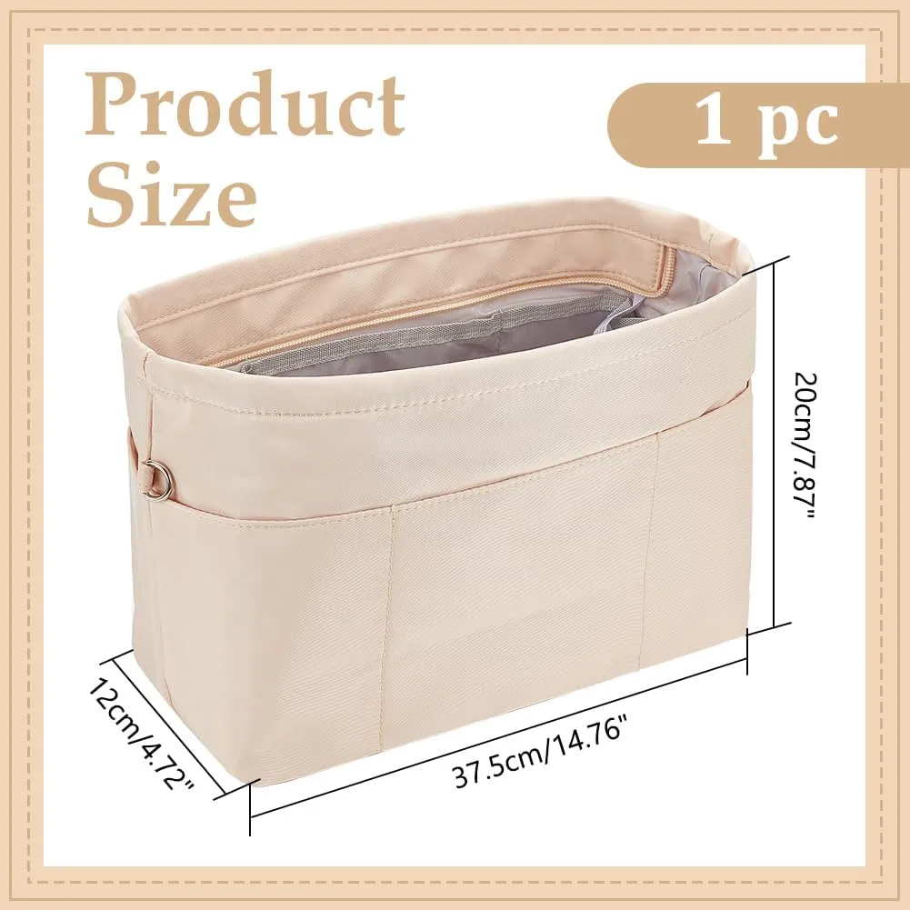 WADORN Nylon Handbag Organizer Insert, Tote Bag Organizer Insert Multi-Pocket Bag Organizer Inside Large Bag Divider Zipper Insert Bag Liner Storage Travel Bag in Bag, 14.76x4.72x7.87 inch, Apricot