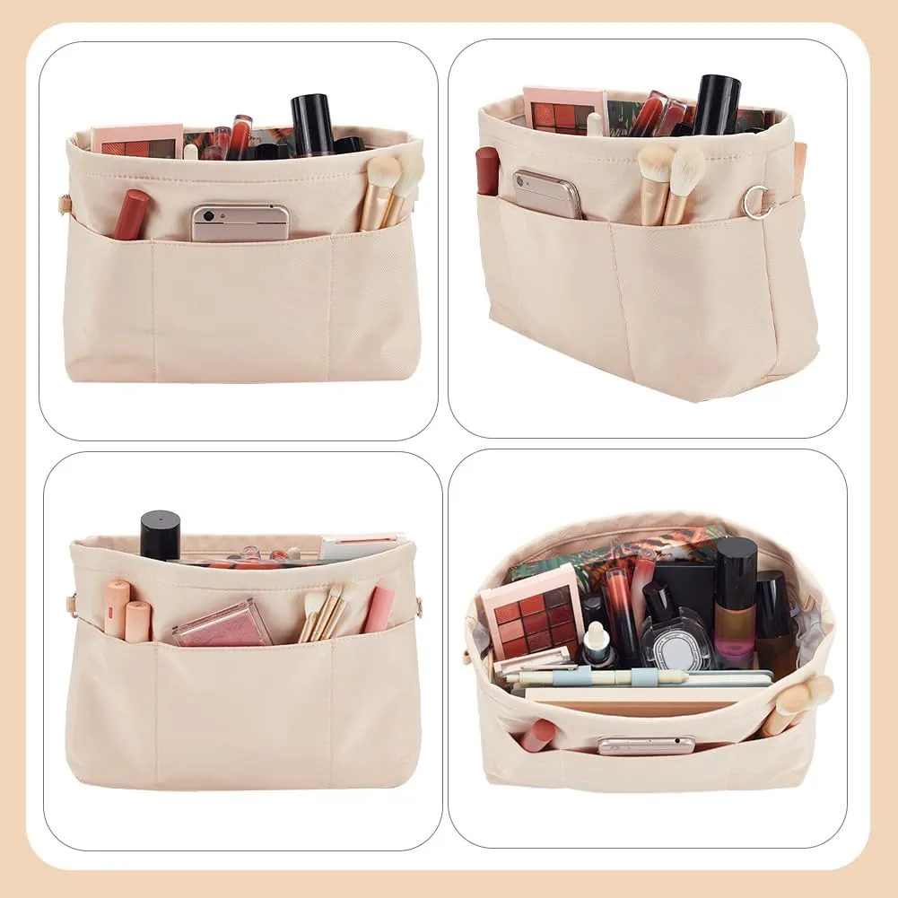 WADORN Nylon Handbag Organizer Insert, Tote Bag Organizer Insert Multi-Pocket Bag Organizer Inside Large Bag Divider Zipper Insert Bag Liner Storage Travel Bag in Bag, 14.76x4.72x7.87 inch, Apricot