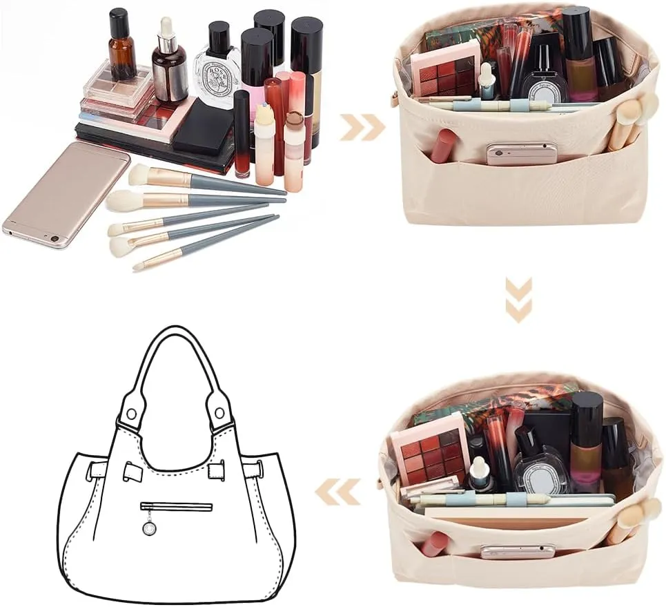 WADORN Nylon Handbag Organizer Insert, Tote Bag Organizer Insert Multi-Pocket Bag Organizer Inside Large Bag Divider Zipper Insert Bag Liner Storage Travel Bag in Bag, 14.76x4.72x7.87 inch, Apricot