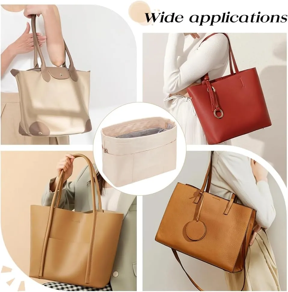 WADORN Nylon Handbag Organizer Insert, Tote Bag Organizer Insert Multi-Pocket Bag Organizer Inside Large Bag Divider Zipper Insert Bag Liner Storage Travel Bag in Bag, 14.76x4.72x7.87 inch, Apricot