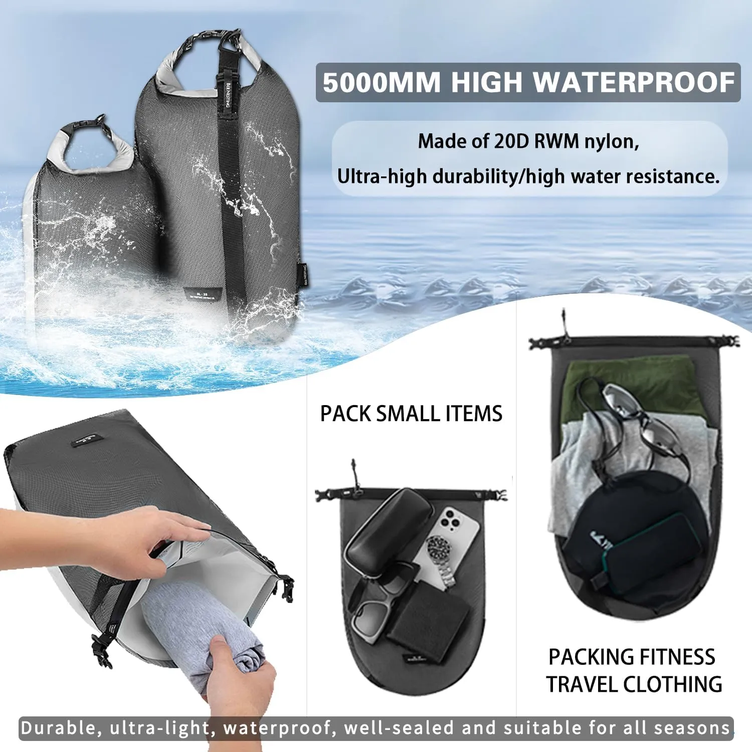 Waterproof dry sack Lightweight Dry Bag Soft and comfortable stuff sacks for backpacking Rafting Boating Camping (Bule, 4L 8L)