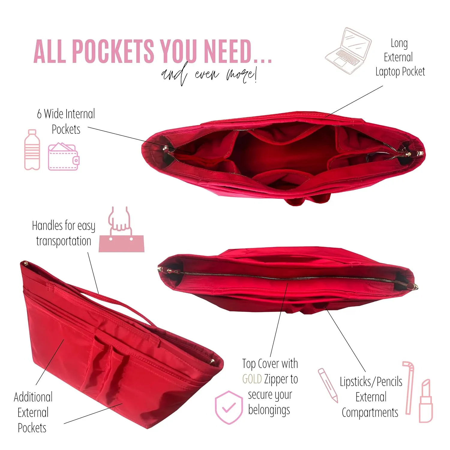 Waterproof Nylon Purse Organizer for Neverfull MM with zipper, Lv Neverfull Bag Organizer MM Nylon, Neverfull GM Insert Handmade Snug Sturdy Gold Zipper (For Neverfull MM, Red)