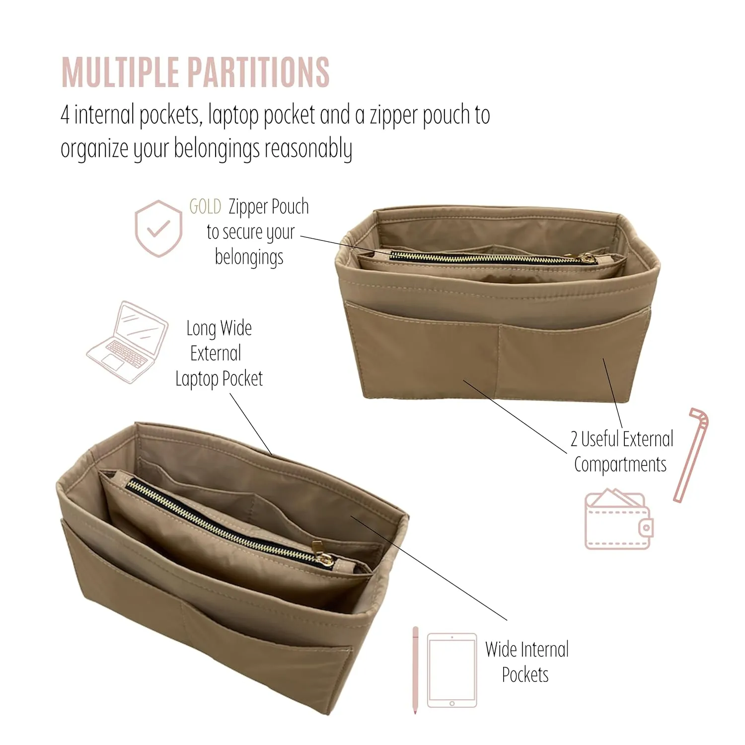 Waterproof Nylon Speedy 25 Purse Organizer, Lv Speedy 30 Purse Organizer and Shaper, Speedy 20 Organizer Insert Nylon, Handmade Snug Sturdy Gold Zipper (For Speedy 35, Brown)