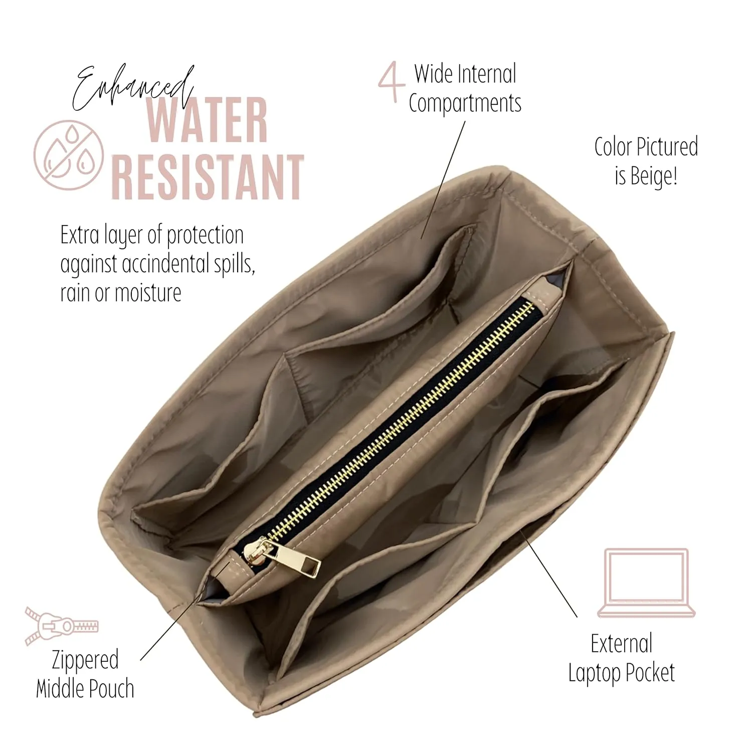 Waterproof Nylon Speedy 25 Purse Organizer, Lv Speedy 30 Purse Organizer and Shaper, Speedy 20 Organizer Insert Nylon, Handmade Snug Sturdy Gold Zipper (For Speedy 35, Brown)