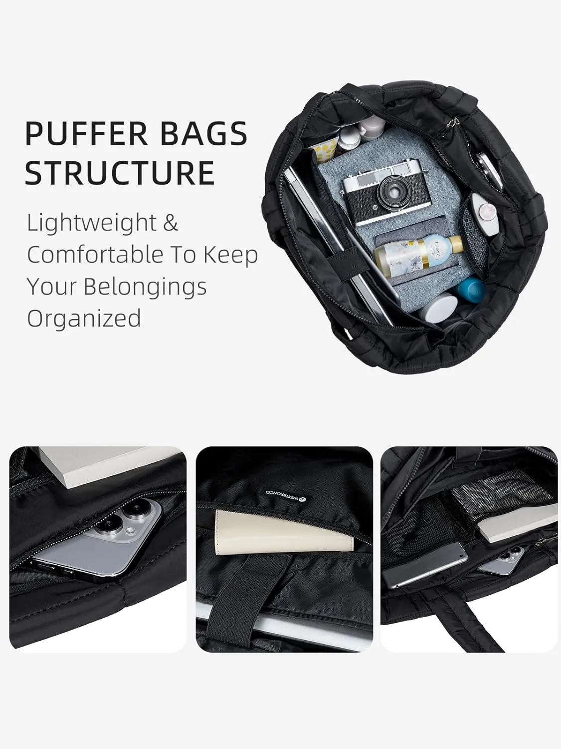 WESTBRONCO Small Puffer Bag Quilted Crossbody Bags for Women Puffy Purse Nylon Shoulder Handbag with Adjustable Strap