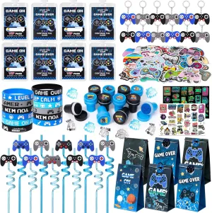 Winrayk 136Pcs Video Game Party Favors Gamer Birthday Supplies, Drinking Straw VIP Pass Paper Bag Bracelet Stamper Glow Sticker Keychain, Goodie Bag Stuffer Boys Kids Game On Gaming Party Favors Decor