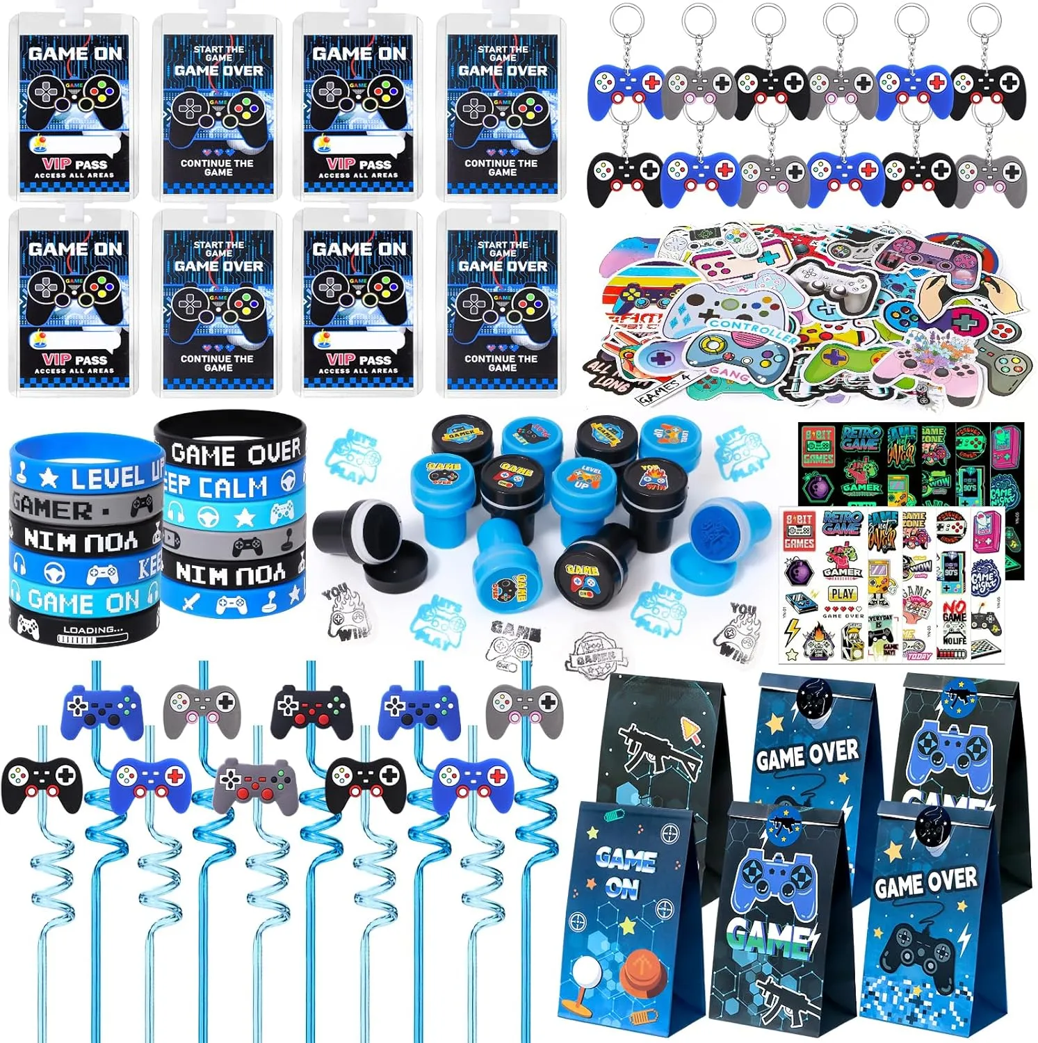 Winrayk 136Pcs Video Game Party Favors Gamer Birthday Supplies, Drinking Straw VIP Pass Paper Bag Bracelet Stamper Glow Sticker Keychain, Goodie Bag Stuffer Boys Kids Game On Gaming Party Favors Decor