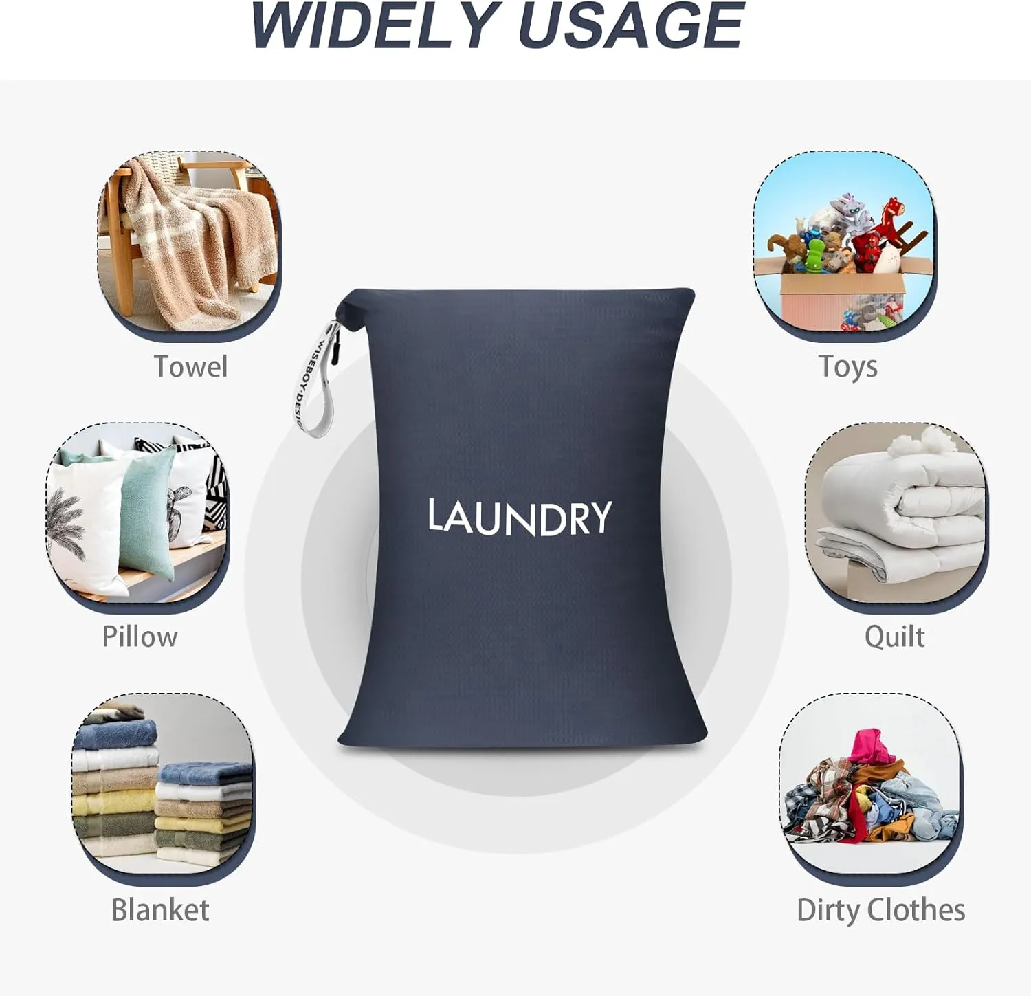 WiseBoy Laundry Bag, 23.6x35 inch Oversized Laundry Bags, Travel Laundry Bag Dirty Clothes Organizer, Nylon Wet Dry Storage Bag for College Dorm, Camping, Caravan, Navy Blue