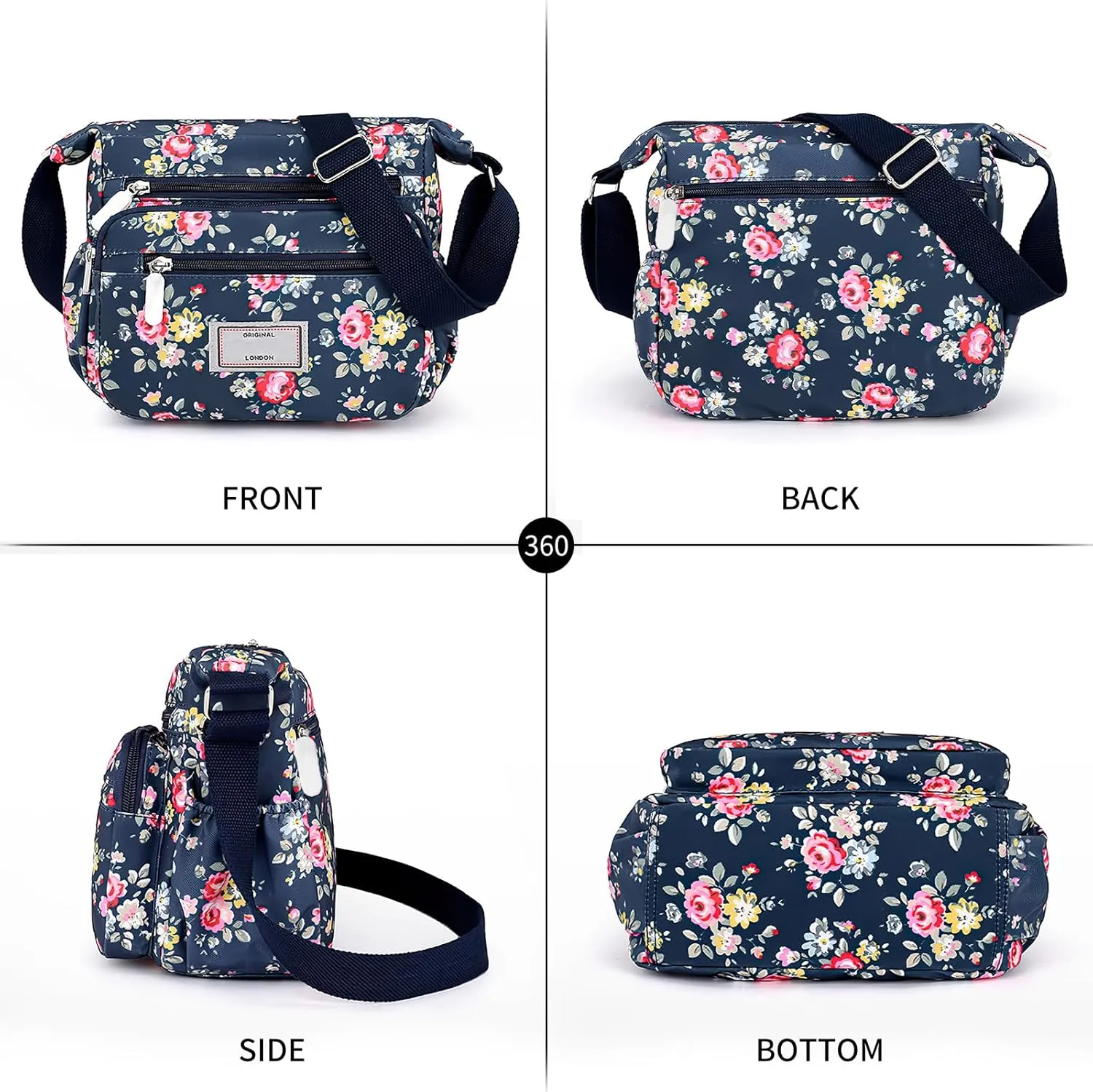 WITERY Crossboby Bag for Women - Waterproof Nylon Multi-Pocket Purse Floral Shoulder Bag Zipper Handbag Messenger Bag