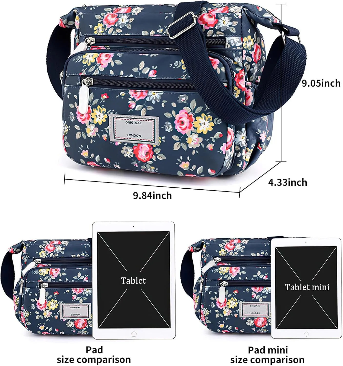 WITERY Crossboby Bag for Women - Waterproof Nylon Multi-Pocket Purse Floral Shoulder Bag Zipper Handbag Messenger Bag