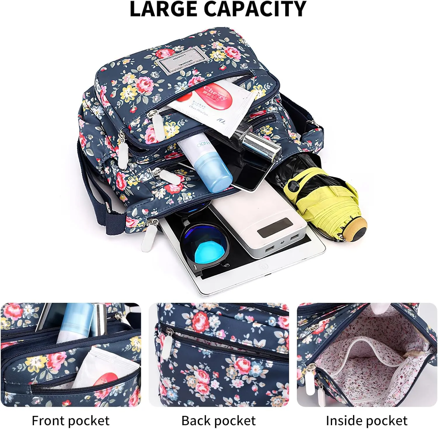 WITERY Crossboby Bag for Women - Waterproof Nylon Multi-Pocket Purse Floral Shoulder Bag Zipper Handbag Messenger Bag