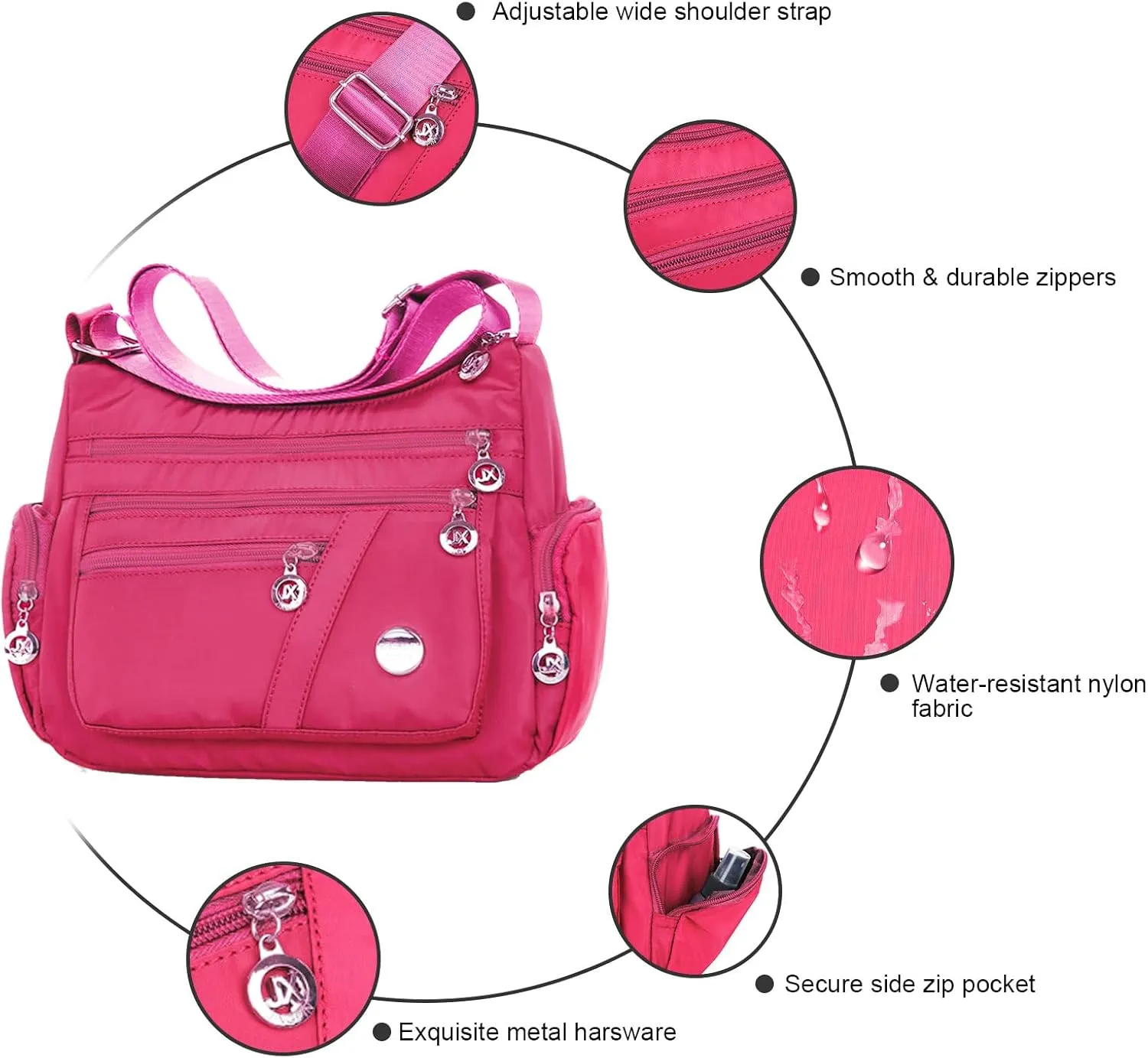WITERY Nylon Crossboby Bags for Women - Waterproof Zipper Multi-Pocket Crossboby Purse Lightweight Shoulder Bag