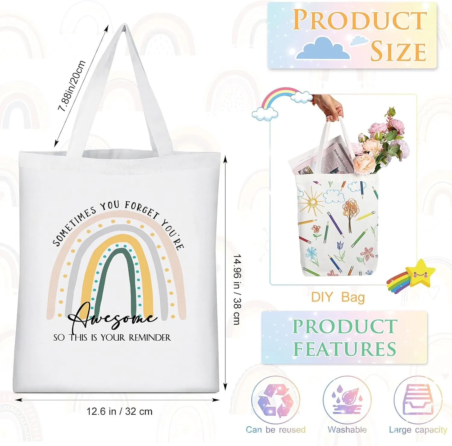 Woanger 10 Pcs Employee Appreciation Gifts Inspirational Canvas Tote Bags Rainbow Bags for Staff Thank You Gifts