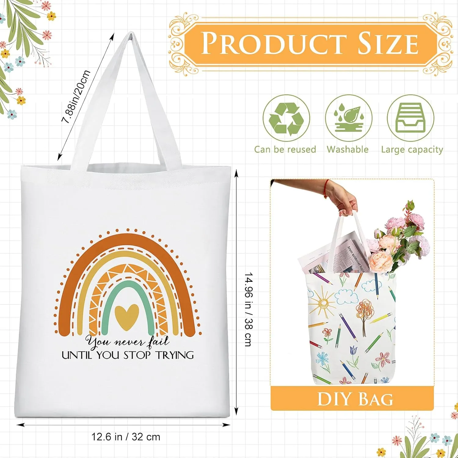 Woanger 10 Pcs Employee Appreciation Gifts Inspirational Canvas Tote Bags Rainbow Bags for Staff Thank You Gifts