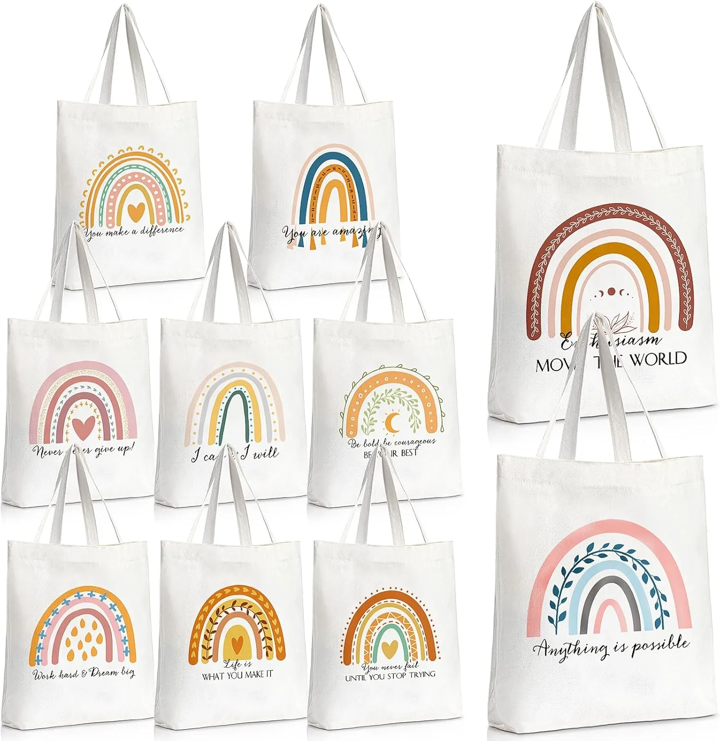 Woanger 10 Pcs Employee Appreciation Gifts Inspirational Canvas Tote Bags Rainbow Bags for Staff Thank You Gifts