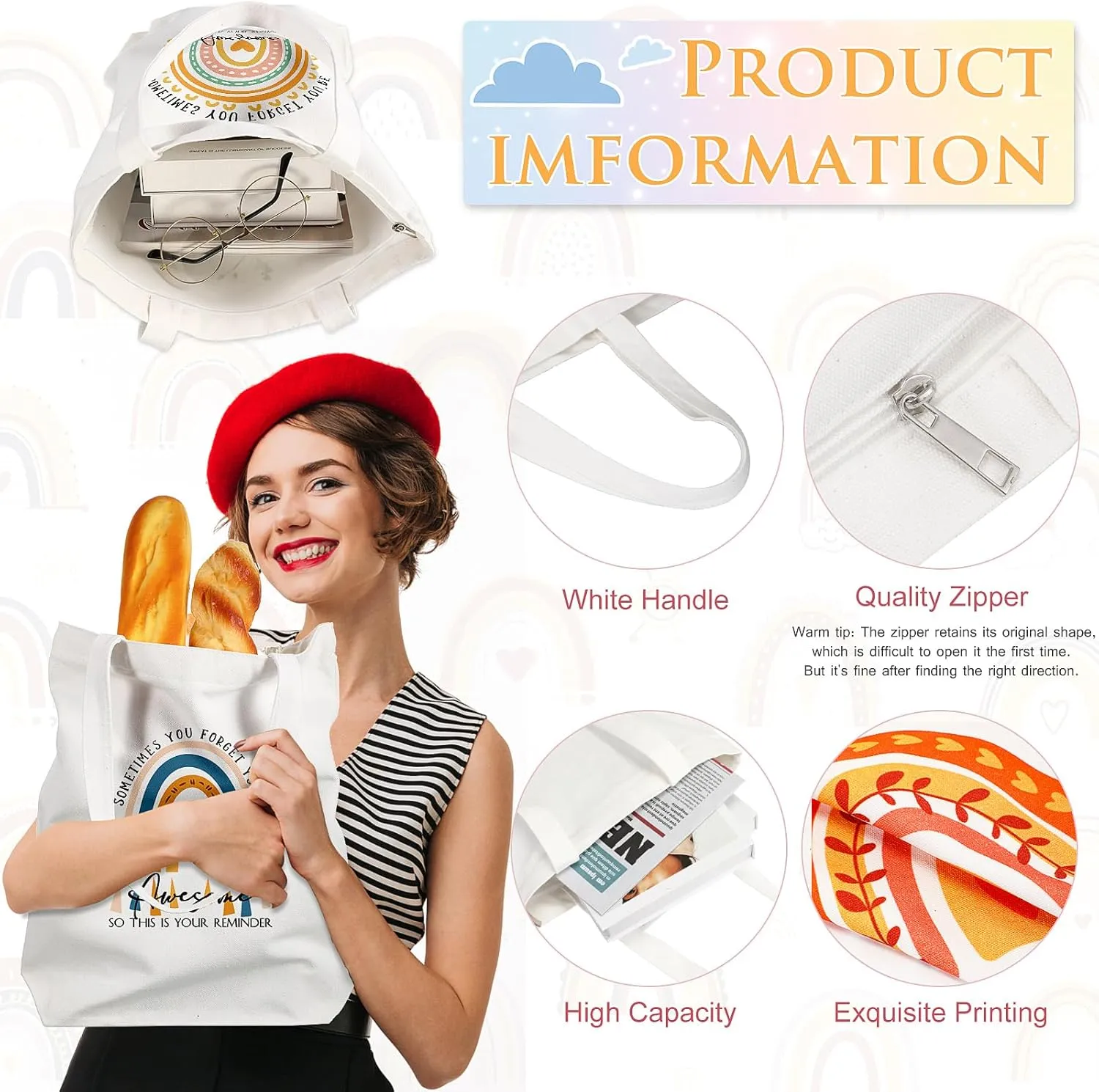 Woanger 10 Pcs Employee Appreciation Gifts Inspirational Canvas Tote Bags Rainbow Bags for Staff Thank You Gifts