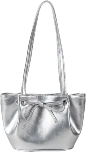 Women Bow-Adorned Large Capacity Underarm Bag, Fashion PU Leather Bucket Shoulder Bag, Minimalist Handbag