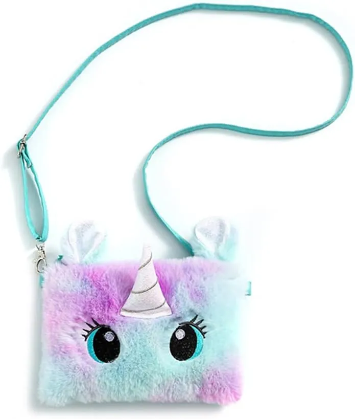 Women Girls Kids Fluffy Fuzzy Unicorn Bag Plush Tie Dye Rainbow Crossbody Purse