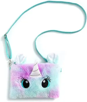 Women Girls Kids Fluffy Fuzzy Unicorn Bag Plush Tie Dye Rainbow Crossbody Purse