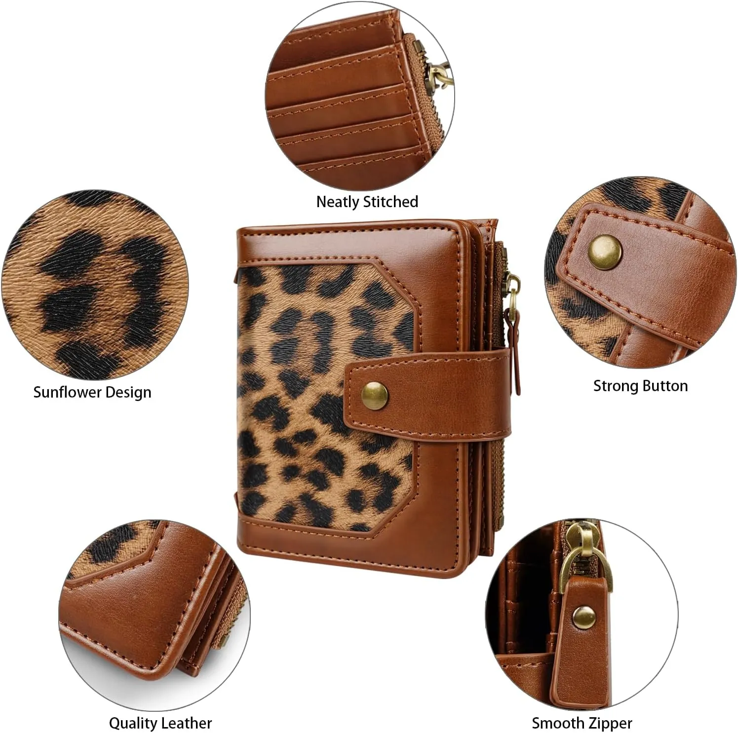 Women Leather Wallet RFID Blocking Small Bifold Zipper Pocket Wallet Card Case Purse with ID Window, Leopard