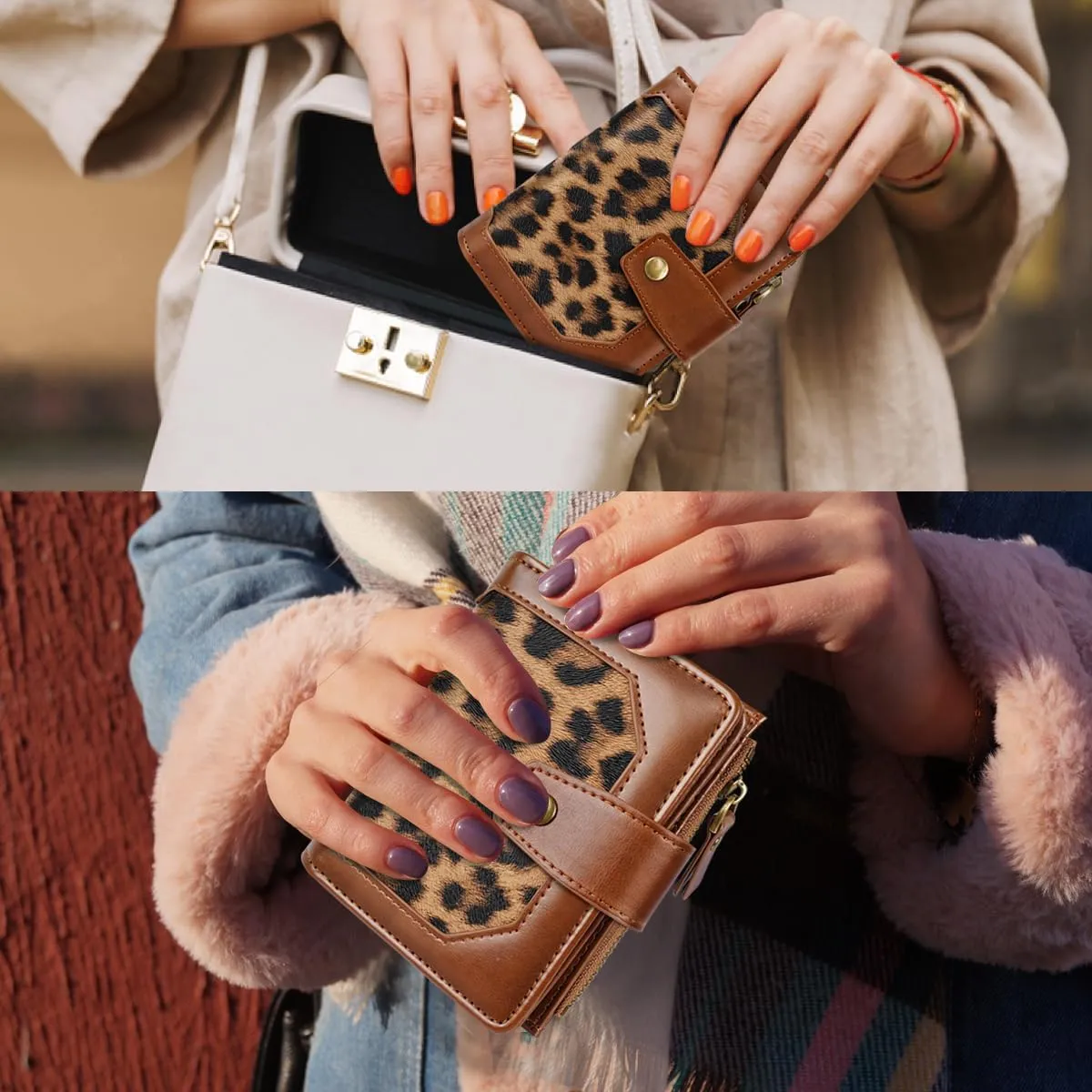 Women Leather Wallet RFID Blocking Small Bifold Zipper Pocket Wallet Card Case Purse with ID Window, Leopard