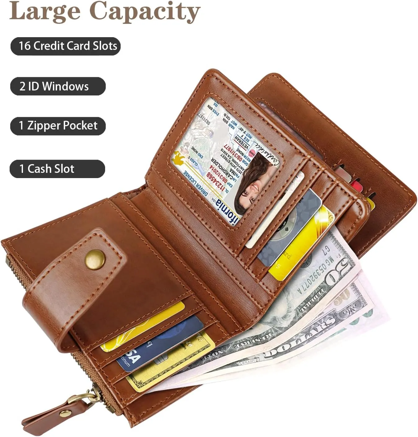 Women Leather Wallet RFID Blocking Small Bifold Zipper Pocket Wallet Card Case Purse with ID Window, Leopard