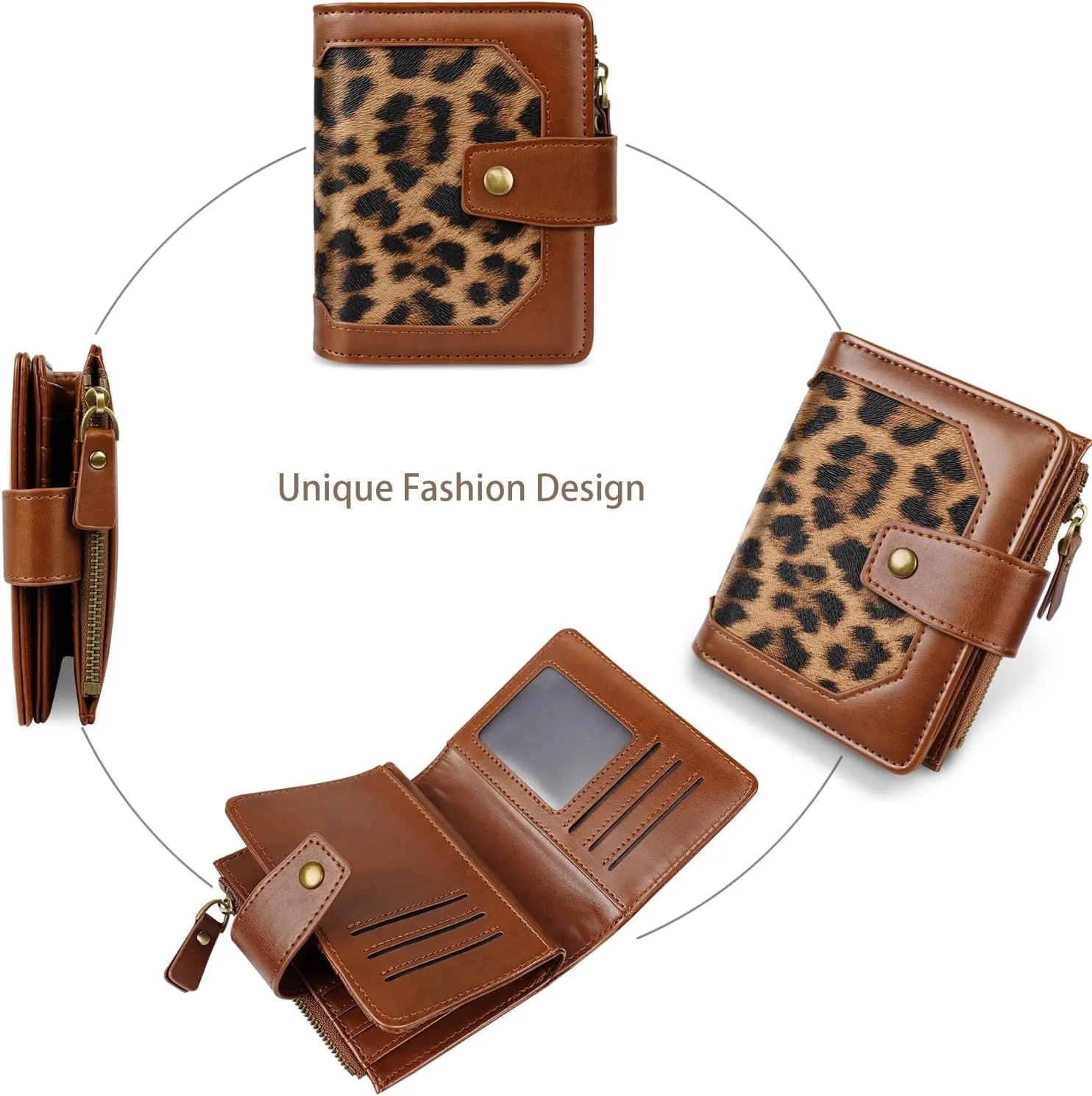 Women Leather Wallet RFID Blocking Small Bifold Zipper Pocket Wallet Card Case Purse with ID Window, Leopard