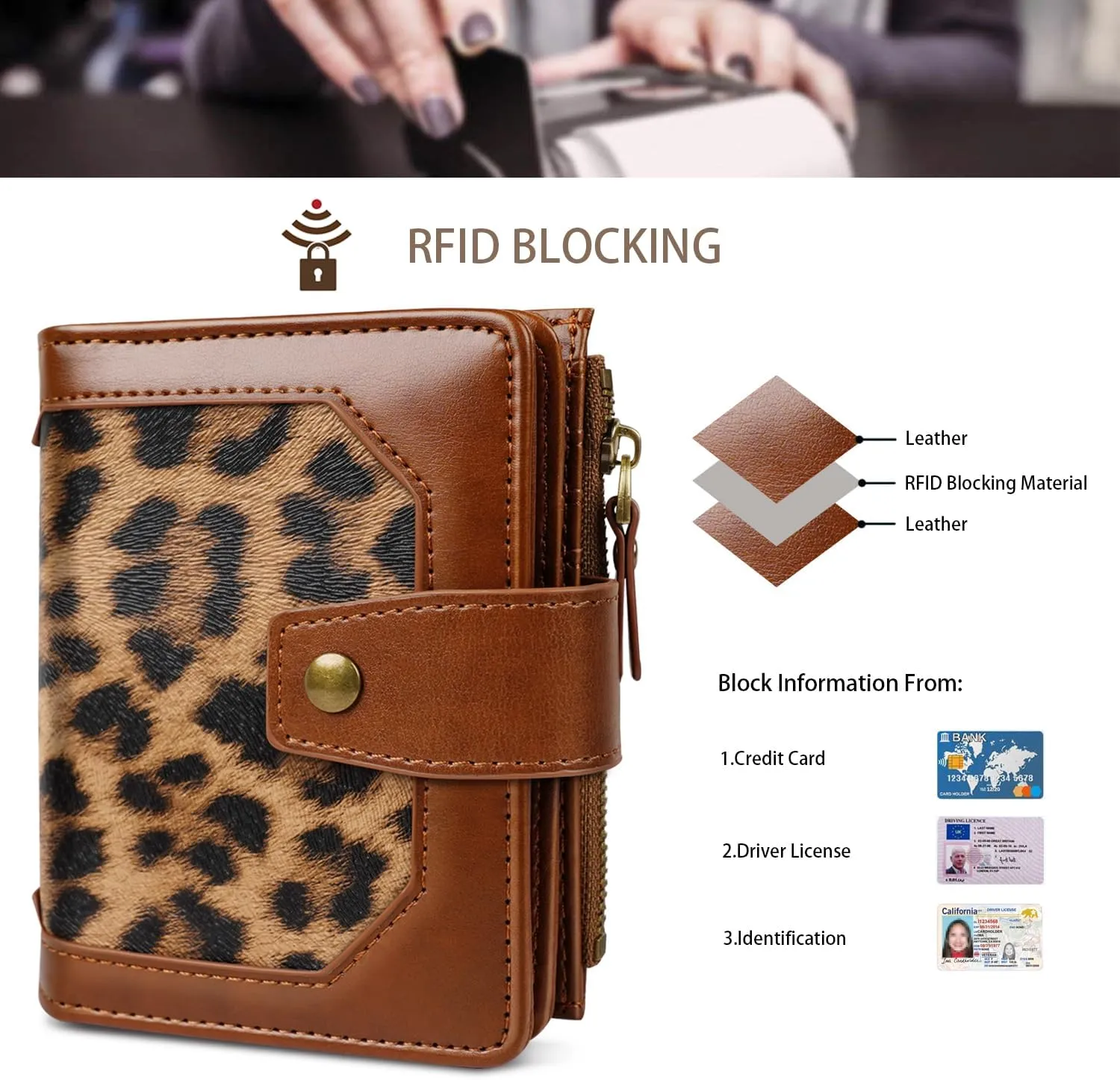 Women Leather Wallet RFID Blocking Small Bifold Zipper Pocket Wallet Card Case Purse with ID Window, Leopard