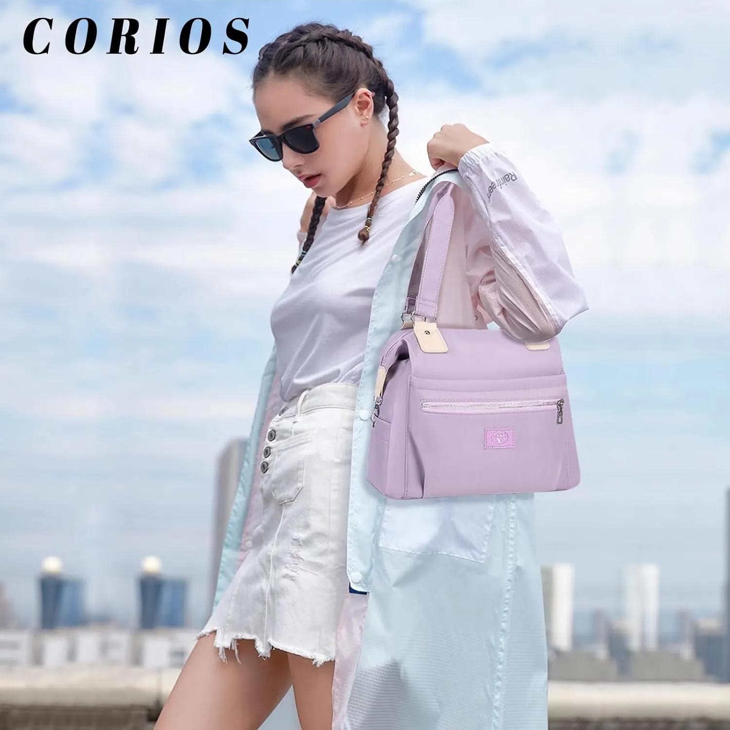 Women Nylon Handbag Waterproof Shoulder Bag Multi Pockets Top Handle Large Capacity Tote