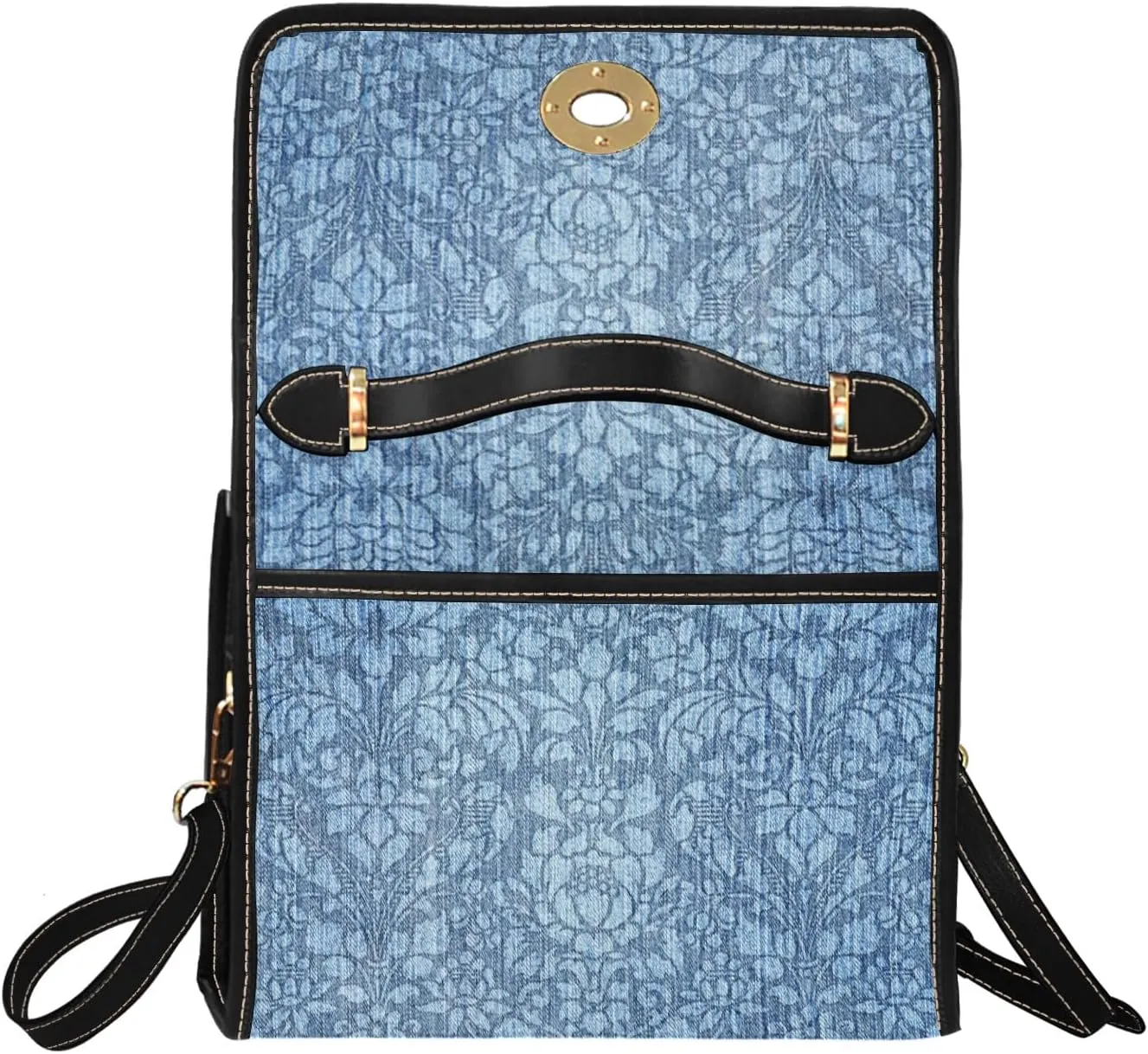 Women's Blue Denim Print Canvas Satchel Handbag Black Vegan Leather Trim