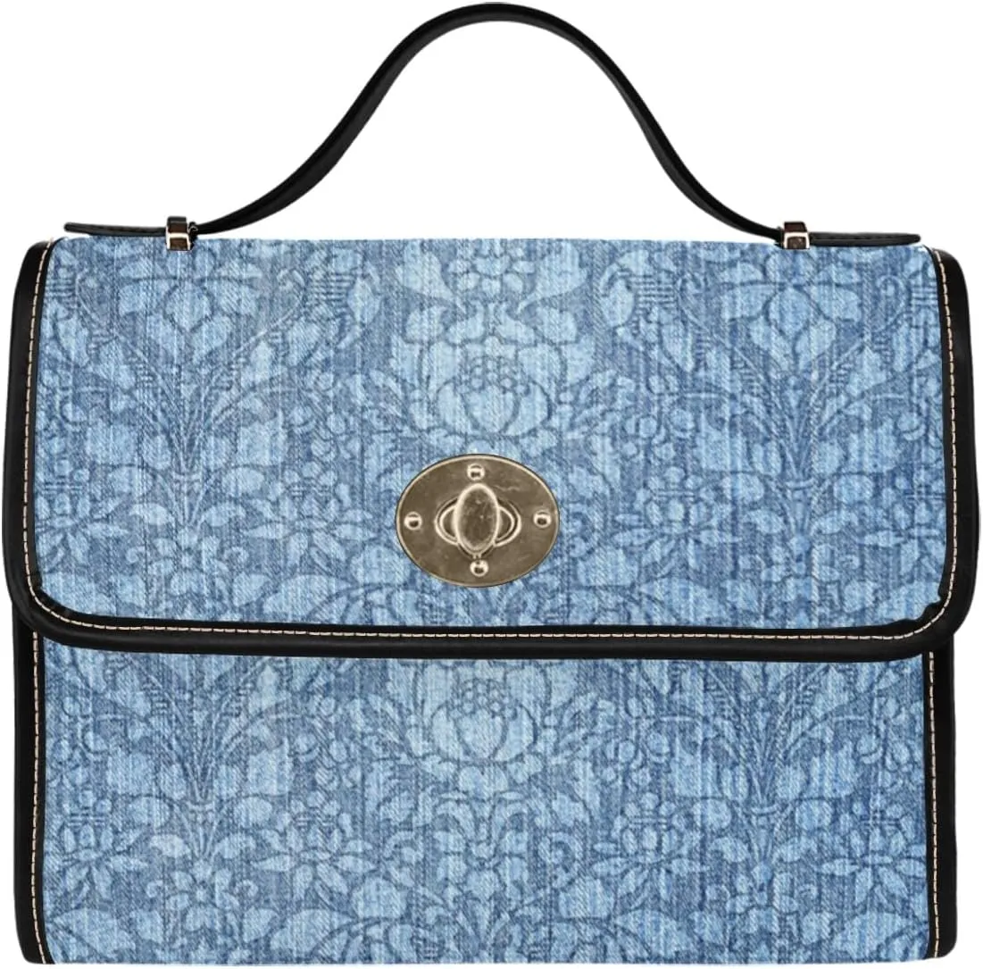 Women's Blue Denim Print Canvas Satchel Handbag Black Vegan Leather Trim