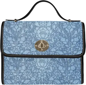 Women's Blue Denim Print Canvas Satchel Handbag Black Vegan Leather Trim