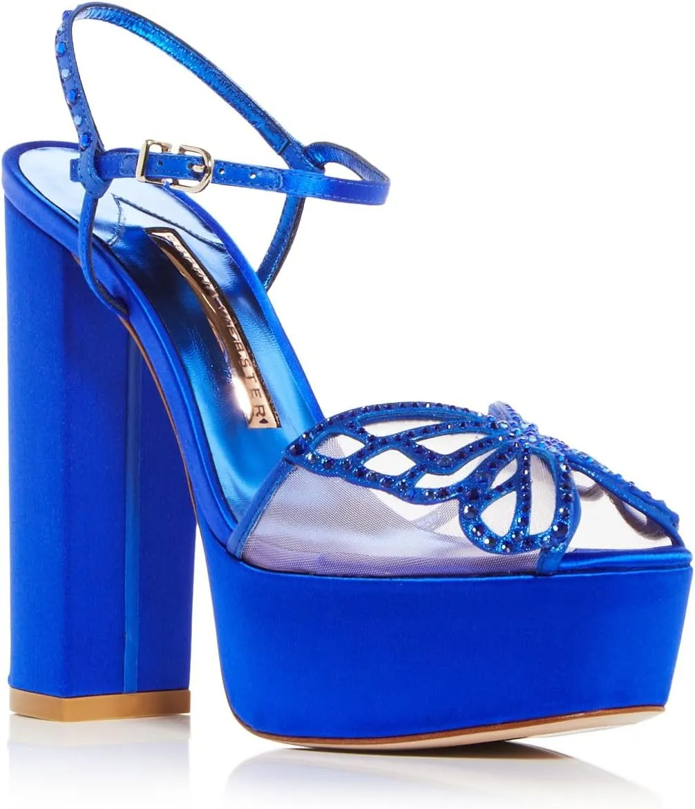 Womens Blue Mixed Media 2" Platform Embellished Butterfly Accent Ankle Strap Padded Farfalla Open Toe Block Heel Buckle Leather Heeled Sandal 38.5