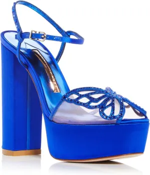 Womens Blue Mixed Media 2" Platform Embellished Butterfly Accent Ankle Strap Padded Farfalla Open Toe Block Heel Buckle Leather Heeled Sandal 38.5