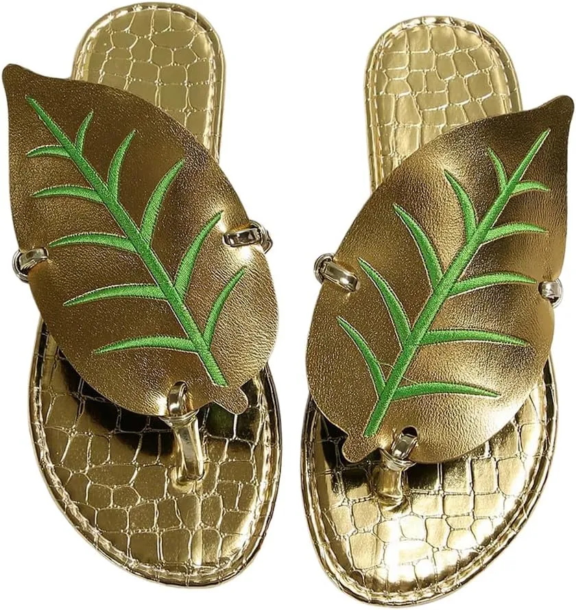 Women's Boho Leaf Appliques Thong Sandals Open Toe Outdoor Flip Flops Casual Slippers