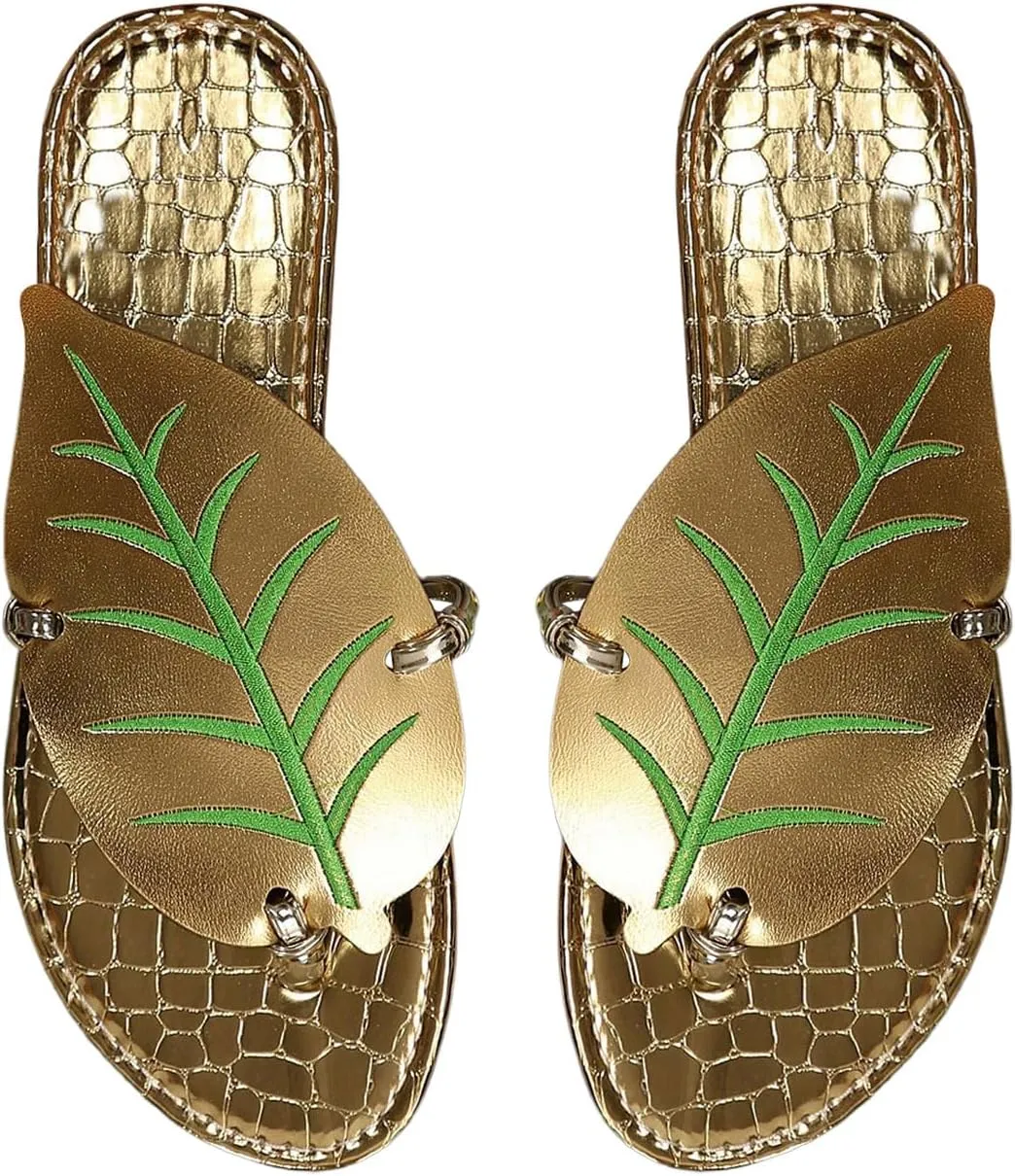 Women's Boho Leaf Appliques Thong Sandals Open Toe Outdoor Flip Flops Casual Slippers
