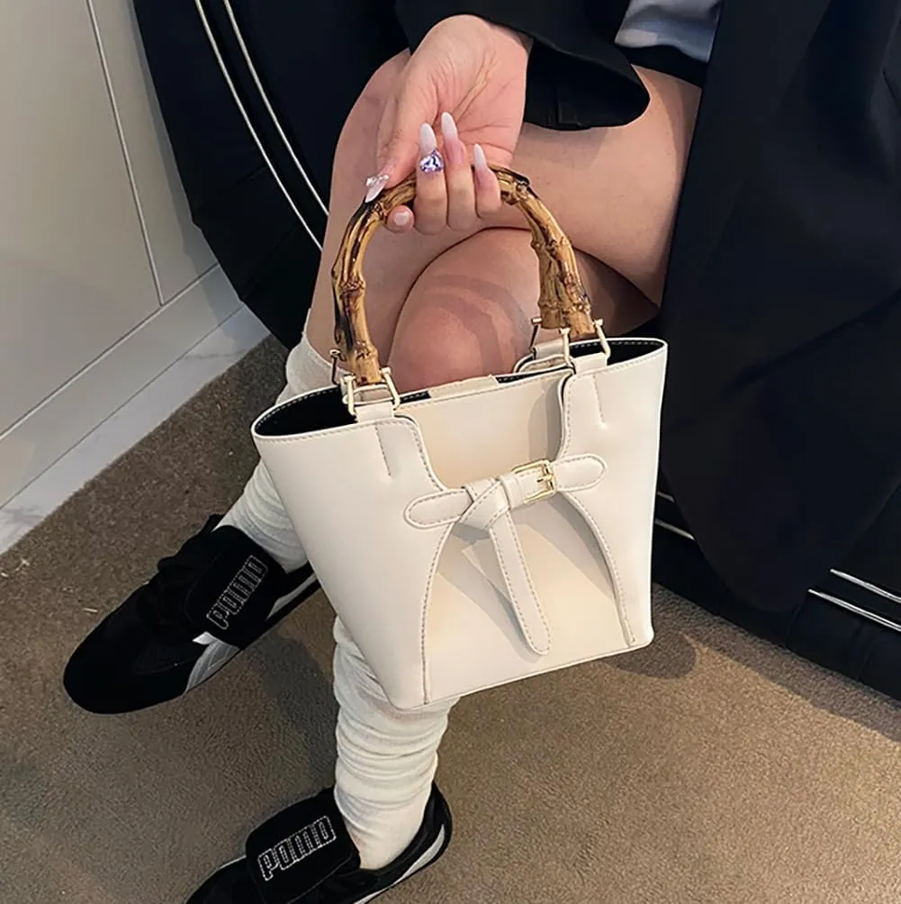 Women’s Bucket Bag Trendy Crossbody Bags For Women Vegan Leather Bamboo Handle Shoulder Handbags Spring Summer Travel Purse