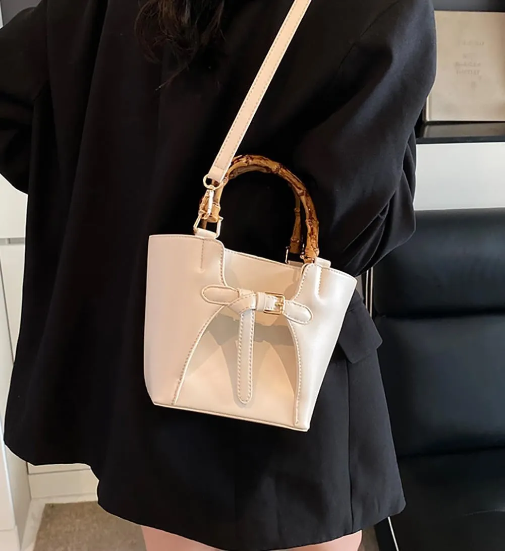 Women’s Bucket Bag Trendy Crossbody Bags For Women Vegan Leather Bamboo Handle Shoulder Handbags Spring Summer Travel Purse