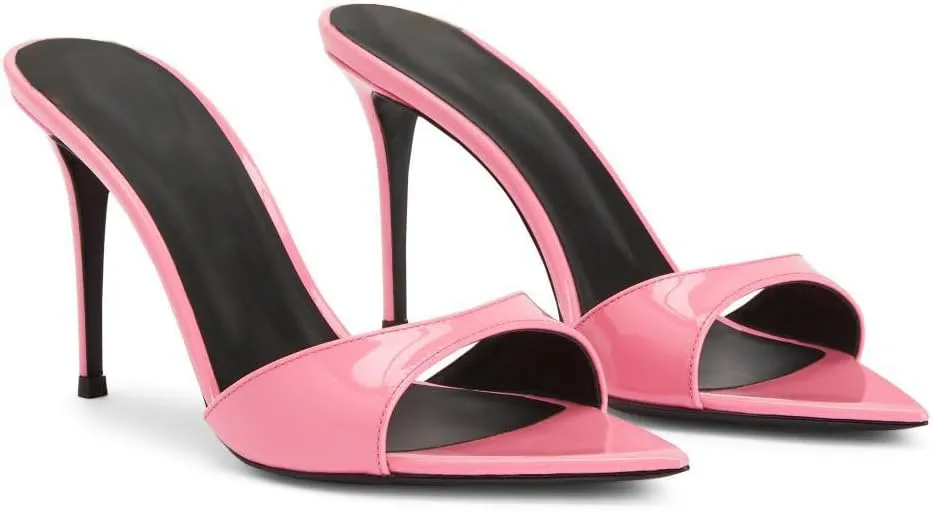 Women's Patent Leather Stilettos High Heels Slides Mules Slip on Slingback Pointed Open Toe Solid Pumps Slide Sandals Formal