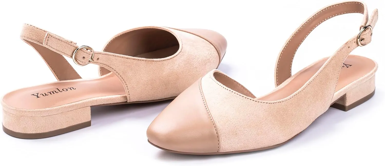 Women's Slingback Low Heel Pumps - 0.9" Comfort Heel, Adjustable Strap & Breathable Materials (Emerald Green/Black/Nude)