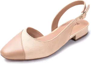 Women's Slingback Low Heel Pumps - 0.9" Comfort Heel, Adjustable Strap & Breathable Materials (Emerald Green/Black/Nude)