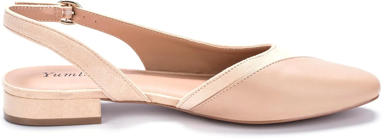 Women's Slingback Low Heel Pumps - 0.9" Comfort Heel, Adjustable Strap & Breathable Materials (Emerald Green/Black/Nude)