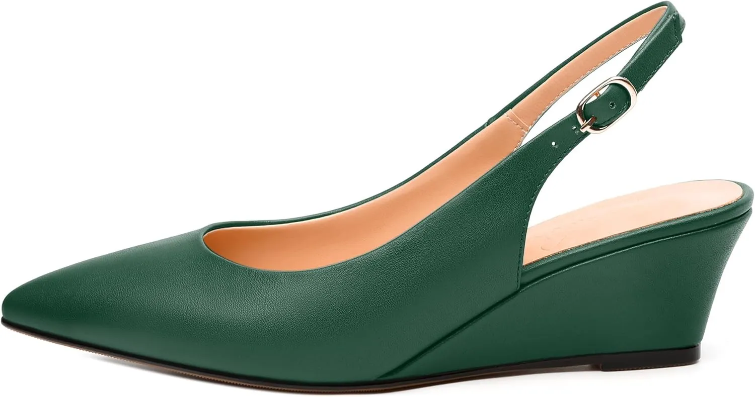 Womens Slingback Pumps Shoes, Pointed Toe Wedge Mid Heel Slingbacks Leather Insole Shoes for Women 2"