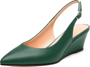 Womens Slingback Pumps Shoes, Pointed Toe Wedge Mid Heel Slingbacks Leather Insole Shoes for Women 2"